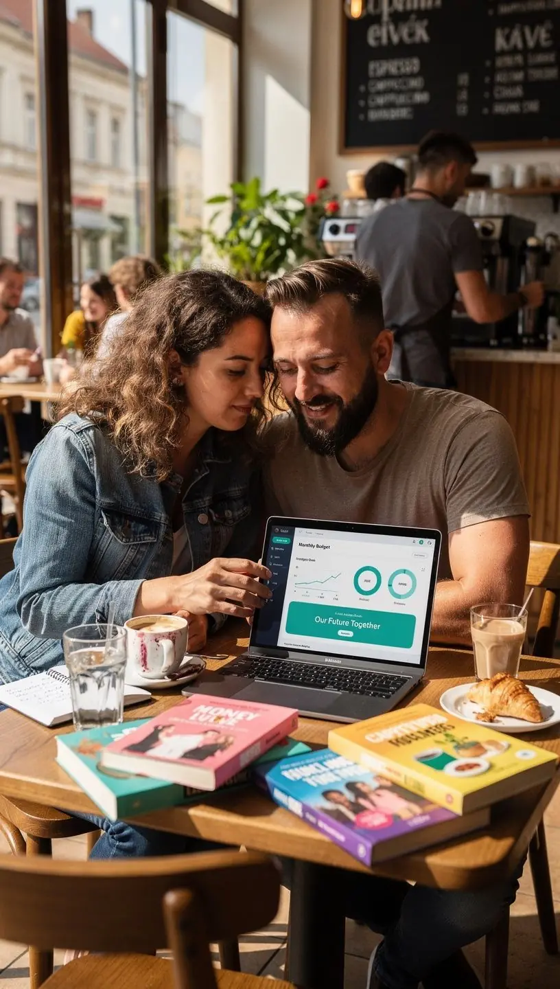 Pár egymás kezét fogva, miközben egy asztalon elhelyezett pénzügyi tervek és könyvek vannak előttük.