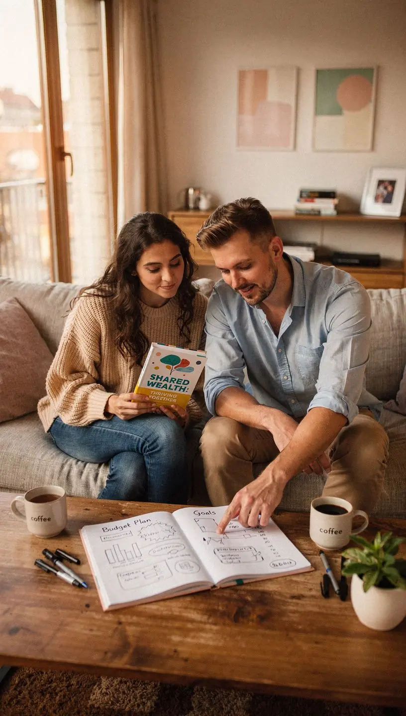 Közös pénzügyi tanácsadás egy szakértővel, ahol a pár aktívan jegyzetel és kérdéseket tesz fel.