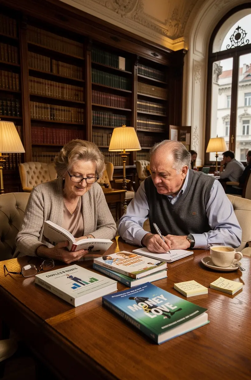 Fiatal pár közösen tervezik havi költségvetésüket egy laptop előtt ülve, jegyzetfüzetek és pénzügyi könyvek mellett.